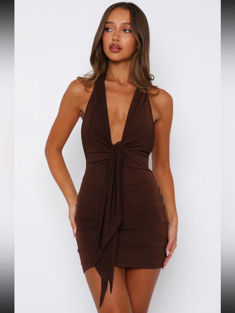 White Fox Boutique Brown Halter Tie-Front Mini Dress